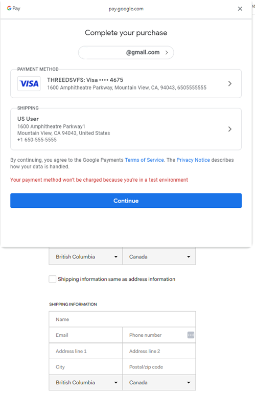 The Google Pay sheet that appears on the Hosted Checkout